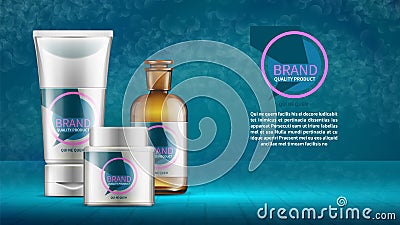 Cosmetics background. Beauty cosmetic vector background with product bottles tubes. Reallistic packaging mockups Vector Illustration