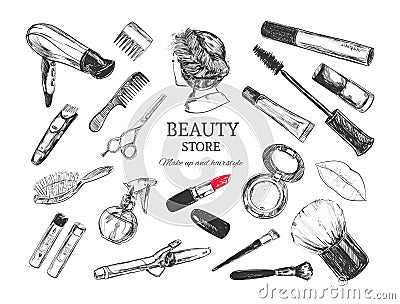 Cosmetics and beauty background with make up artist and hairdressing objects: lipstick, cream, brush. With place for your text .Te Vector Illustration