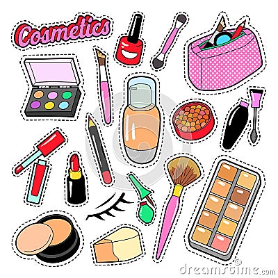 Cosmetics Beauty Fashion Makeup Elements with Lipstick and Mascara for Stickers, Badges, Patches Vector Illustration