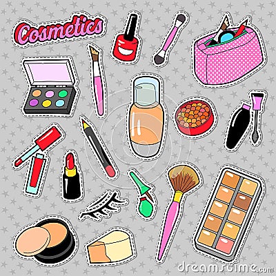 Cosmetics Beauty Fashion Makeup Elements with Lipstick and Mascara for Stickers, Badges, Patches Vector Illustration