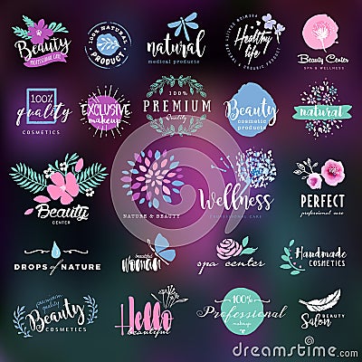 Cosmetics and beauty labels and badges collection Cartoon Illustration