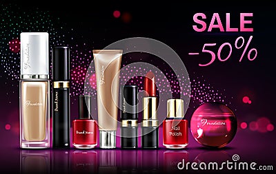 Cosmetics beauty products for make up sale banner. Vector Illustration