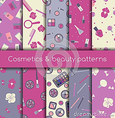 Cosmetics and beauty seamless patterns Vector Illustration