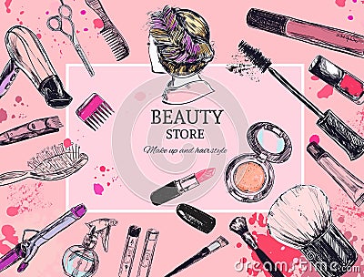 Cosmetics and beauty vector background with make up artist and hairdressing objects: lipstick, cream, brush. With place for your t Vector Illustration