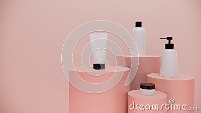 Cosmetics bottle mockup set on circle.stand pastel background,3d rendering design Stock Photo