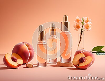 Cosmetics: bottles in peach down color. Stock Photo