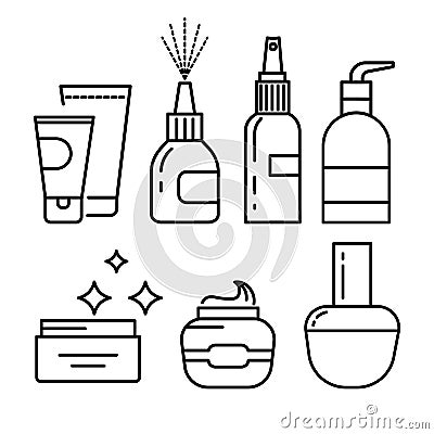 Cosmetics containers, skincare cream and lotion jar or bottle, nasal spray Vector Illustration