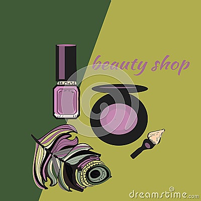 Cosmetics and fashion background with make up artist objects lipstick, brush. With place for your text .Template Vector. Vector Illustration