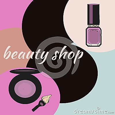 Cosmetics and fashion background with make up artist objects lipstick, brush. With place for your text .Template Vector. Vector Illustration