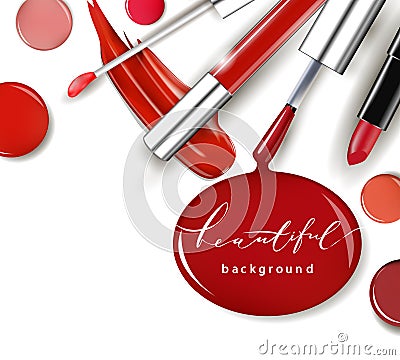 Cosmetics and fashion background with make up artist objects: lipstick, ip gloss, nail Polish.Template Vector. Stock Photo