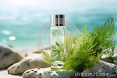 Cosmetics with herbal extract from seaweed extract and sea water essence. Stock Photo