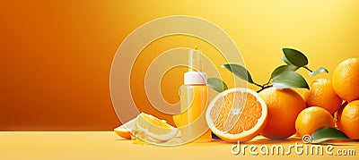 Cosmetics with high vitamin C content on orange bright background with halves of oranges. Banner. Stock Photo