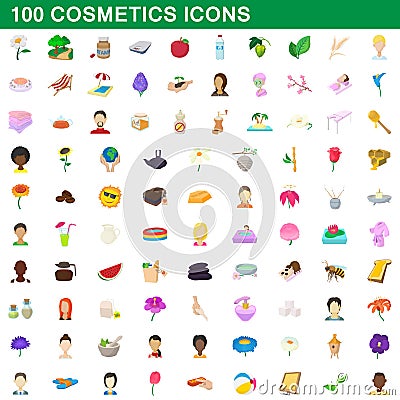 100 cosmetics icons set, cartoon style Vector Illustration