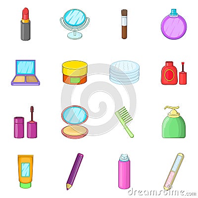 Cosmetics items icons set, cartoon style Vector Illustration