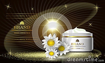 Cosmetics luxury beauty series, ads of premium body chamomile cream for skin care. Template for design banner, vector illustration Vector Illustration