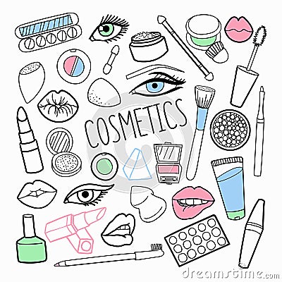 Cosmetics Make-up Hand Drawn Elements Set. Woman Beauty Doodle Vector Illustration