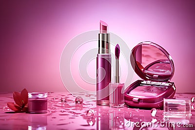 Cosmetics and Makeup Products in Pink Shades, pink life Stock Photo