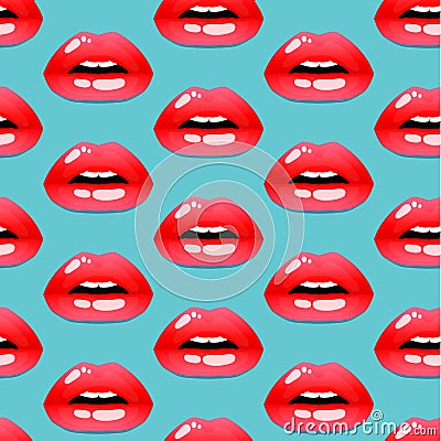 Cosmetics and makeup seamless pattern. Closeup beautiful lips of woman with red lipstick and gloss. wet lip make-up. Vector Illustration