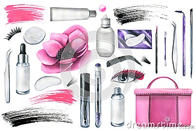 Cosmetics for the master of eyelash extension, a working tool for carrying out beauty procedures in the salon. Hand Cartoon Illustration