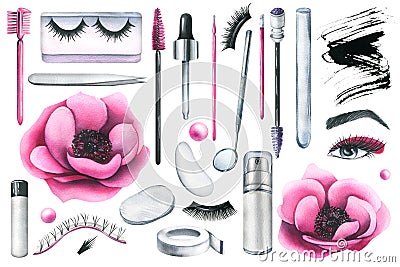 Cosmetics for the master of eyelash extension, a working tool for carrying out beauty procedures in the salon. Hand Cartoon Illustration