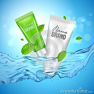 Cosmetics product advertising illustration poster. Vector skincare bottle design with water Vector Illustration