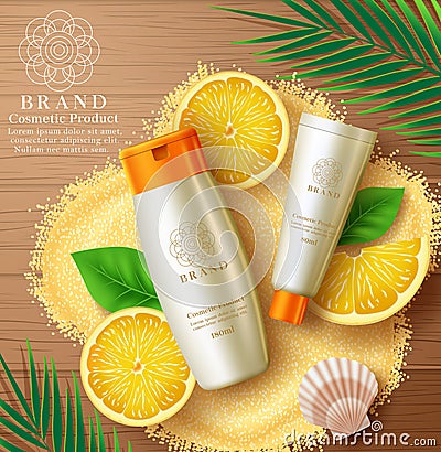 Cosmetics product mock up vector template design. Cosmetic sunscreen product with organic lemon essence for body and face skin. Vector Illustration