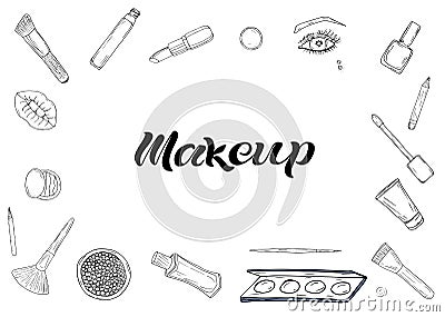 Cosmetics products, fashion makeup banner. Vector Illustration