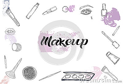 Cosmetics products, fashion makeup banner. Vector Illustration