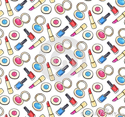 Cosmetics seamless pattern with lipstick, nail polish and eyeshadow Stock Photo