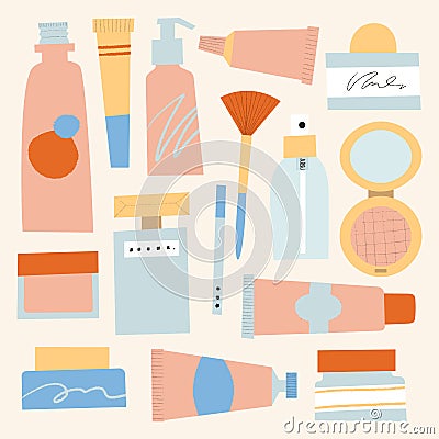 Cosmetics set of containers and tubes. Body lotion, face cleanser in hand drawn textured packages. Vector Illustration