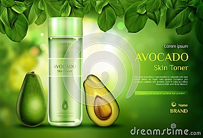 Cosmetics skin toner avocado beauty product bottle Vector Illustration