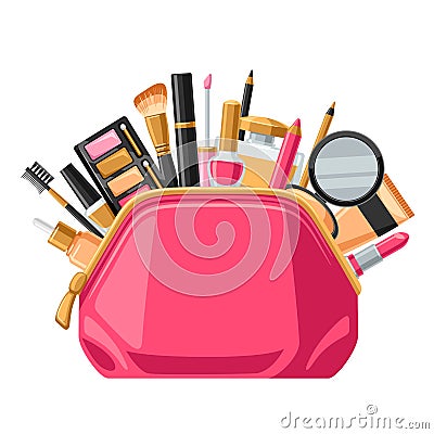 Cosmetics for skincare and makeup in bag. Background for catalog or advertising Vector Illustration