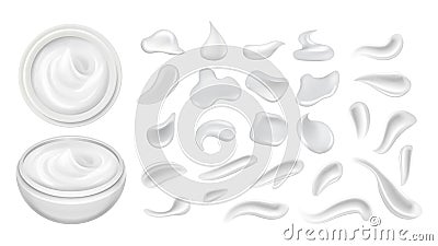 Cosmetics smear. Cream plastic can, smears white lotion or gel. Milk yogurt drops, isolated body care cosmetic realistic Vector Illustration