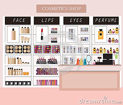 Cosmetics store interior with products on shelves. Vector Illustration