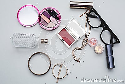 Cosmetics with sunglasses Stock Photo