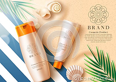 Cosmetics sunscreen product vector banner template. Cosmetic mock up sunblock products with summer elements in sand background. Vector Illustration