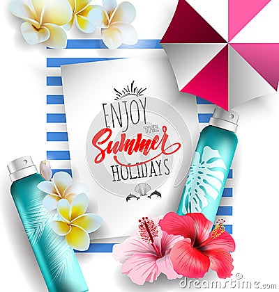 Cosmetics sunscreen products with tropical flowers.Summer recreation attributes. Vector template Stock Photo