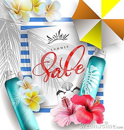 Cosmetics sunscreen products with tropical flowers. Summer sale concept. Vector template Stock Photo