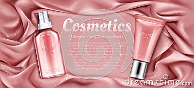 Cosmetics tubes mockup, rose water and cream. Vector Illustration