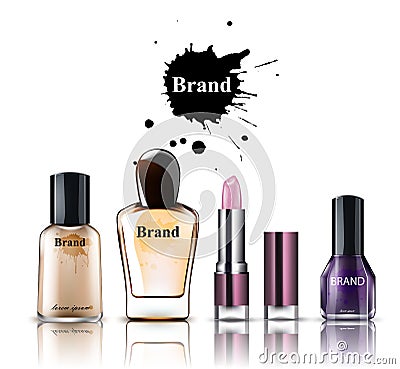 Cosmetics watercolor Vector. Product placement brand collection. Perfume, lipstick, nailpolish, foundations Vector Illustration