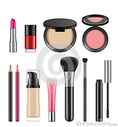 Cosmetics for women. Vector pictures of various cosmetics packages Vector Illustration