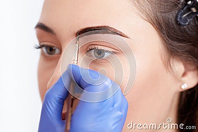 Cosmetologist applying special permanent make up of eyebrows. Stock Photo
