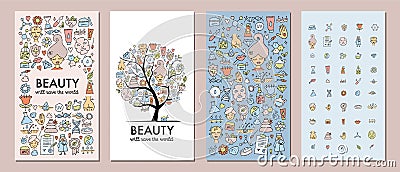 Cosmetology health and Skin care. Banners collection for your design - frame, tree, patterns and icons Vector Illustration