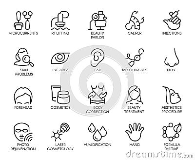 Cosmetology line icons set. 20 outline logos isolated. Beauty therapy, bodycare, healthcare, wellness treatment symbols Vector Illustration