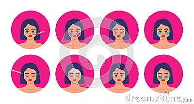 Cosmetology procedure set beauty injection, plastic surgery, lip fillers, hyaluronic acid, eye patches, face mask. Vector Illustration