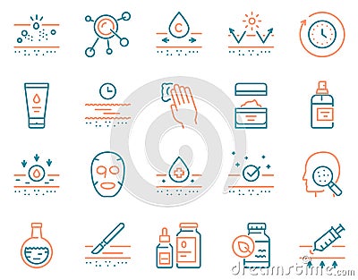 Cosmetology and skin care color linear icon set. 24 hour face care protection Vector Illustration