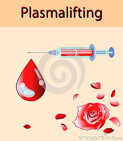 Cosmetology vector illustration. Beautiful rose and blood drop, plasma lifting injection and injector Vector Illustration
