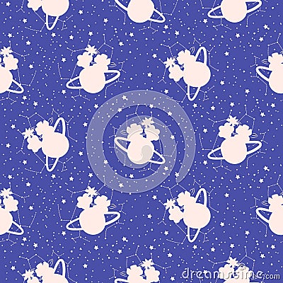 Cosmic abstract starry night seamless pattern. Doodle childish blue and white background. Vector Illustration