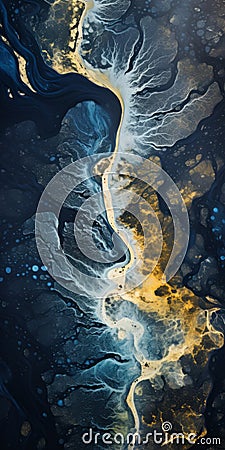 Cosmic Abstractions: Moody And Evocative Aerial View Of A Blue And Yellow River Stock Photo