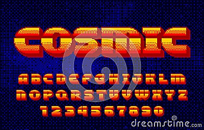 Cosmic alphabet font. Pixel letters and numbers. Pixel background. Vector Illustration